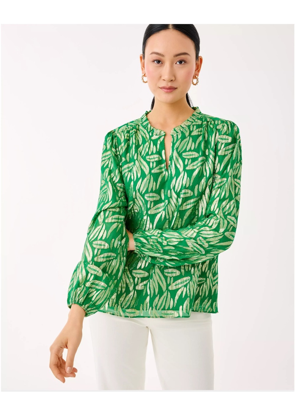 Lilly Pulitzer Emerald Green Printed Keyhole Blouse